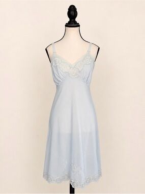 Vintage Powder Blue Lace Trim Slip Dress Nightgown Small 1960s 1970s